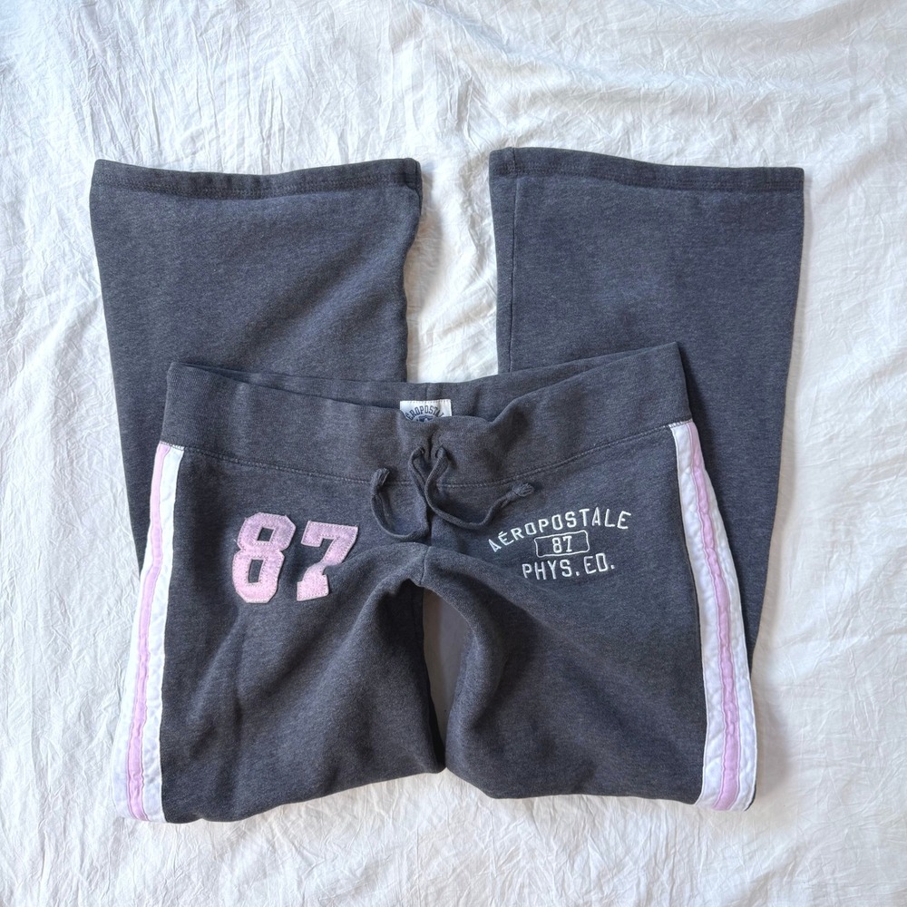 Aeropostale Y2K Gray Flare Sweatpants Pink Side Stripe 87 Phys Ed Small Short
